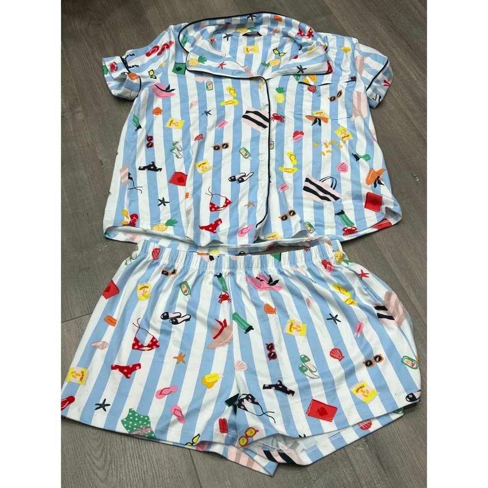 Kate Spade Womens Cabana Blue White Stripe Summer Beach Print Pajama Set Size S